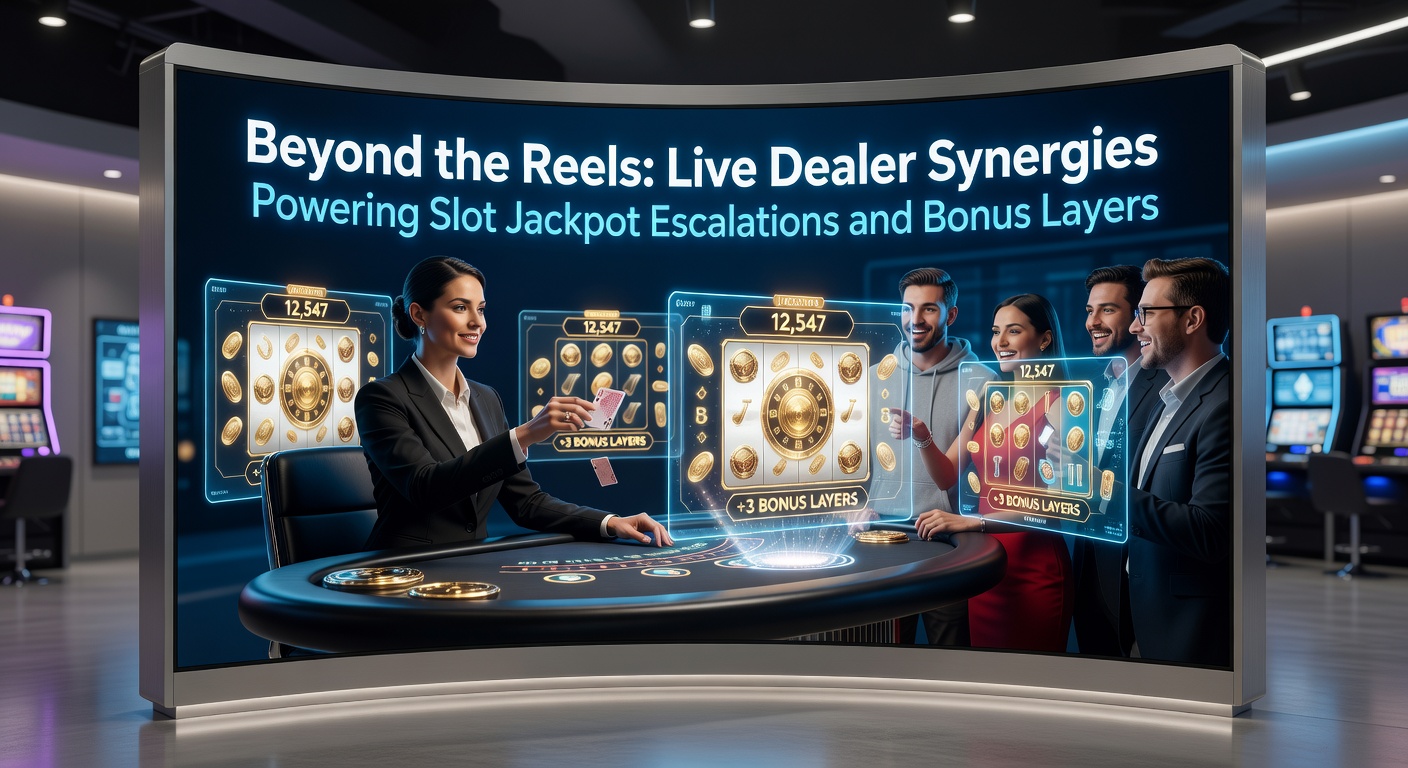 Live dealer at a high-tech table interacting with digital slot reels on screen, showing jackpot meters climbing in real-time