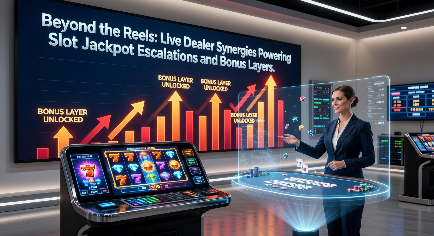 Close-up of a progressive jackpot meter skyrocketing beside a live dealer dealing cards, with bonus layer icons lighting up on digital overlays