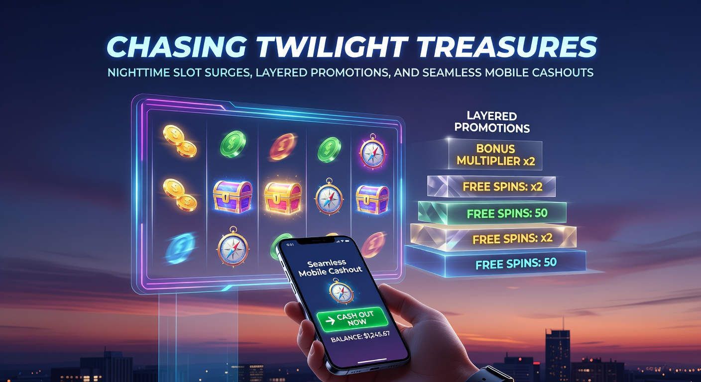 Vibrant nighttime slot machine display with glowing jackpots and mobile screens showing promotions