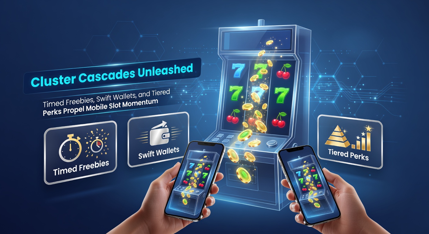 Vibrant cluster cascade slot screen showing exploding symbol groups and cascading wins on a mobile device
