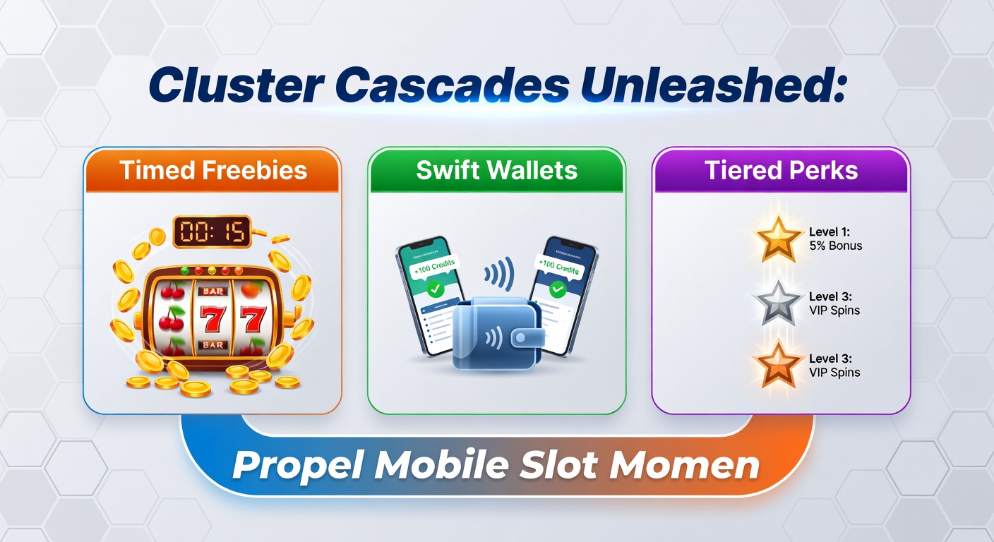 Mobile slot interface displaying tiered loyalty perks, swift wallet deposit options, and a timed freebie countdown timer amid cascading clusters