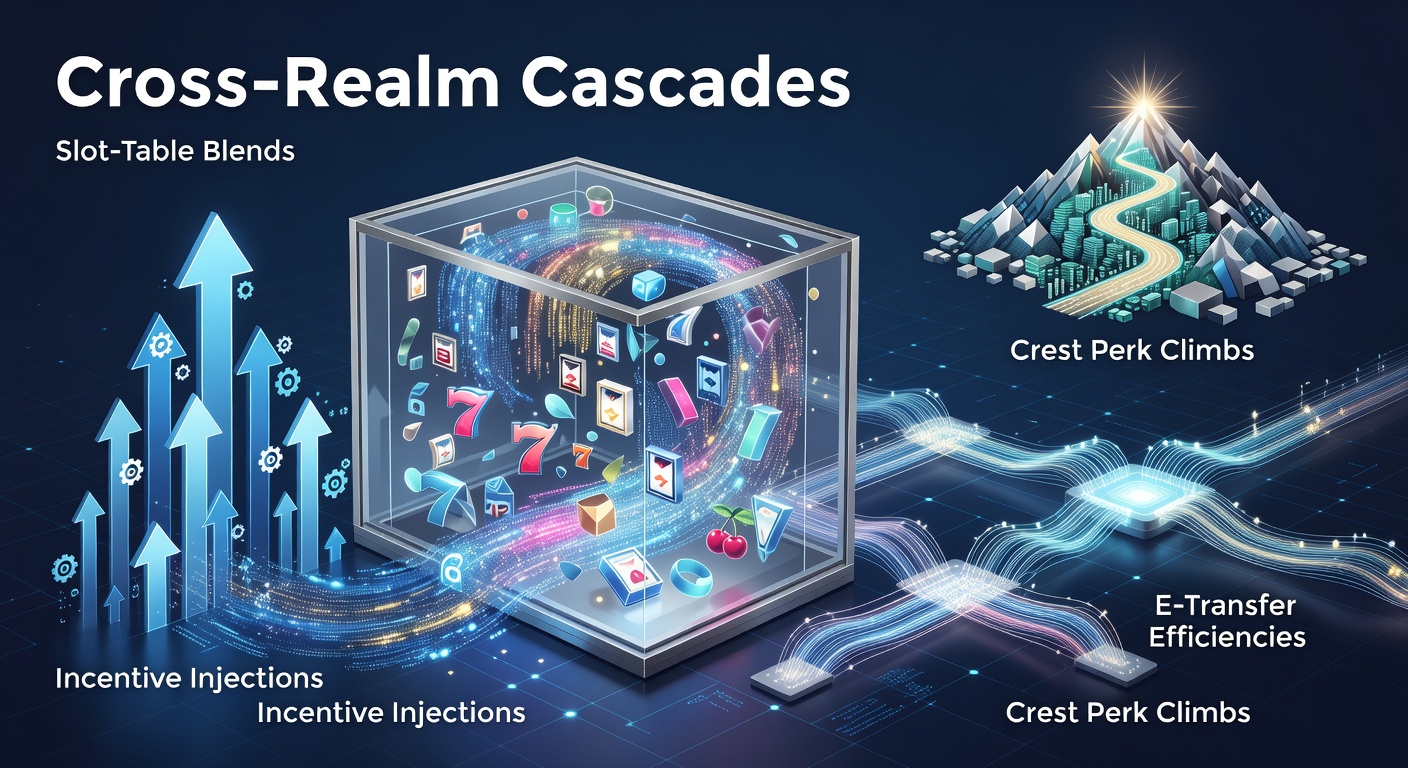 Dynamic visualization of cascading game elements blending slots and tables across digital realms with glowing incentive flows and perk ladders