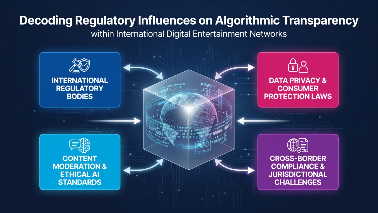 Abstract visualization of interconnected global digital networks with regulatory oversight symbols and algorithm flow diagrams