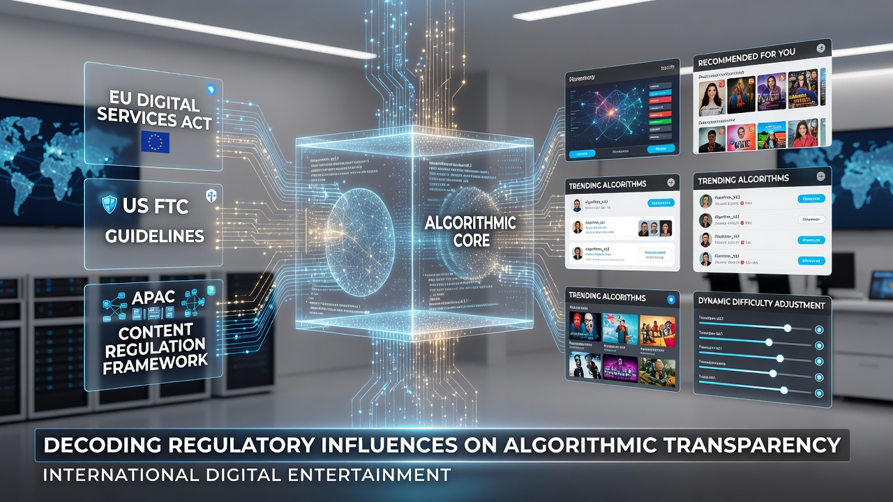 Digital interface showing regulatory compliance dashboards alongside algorithm decision trees for entertainment platforms