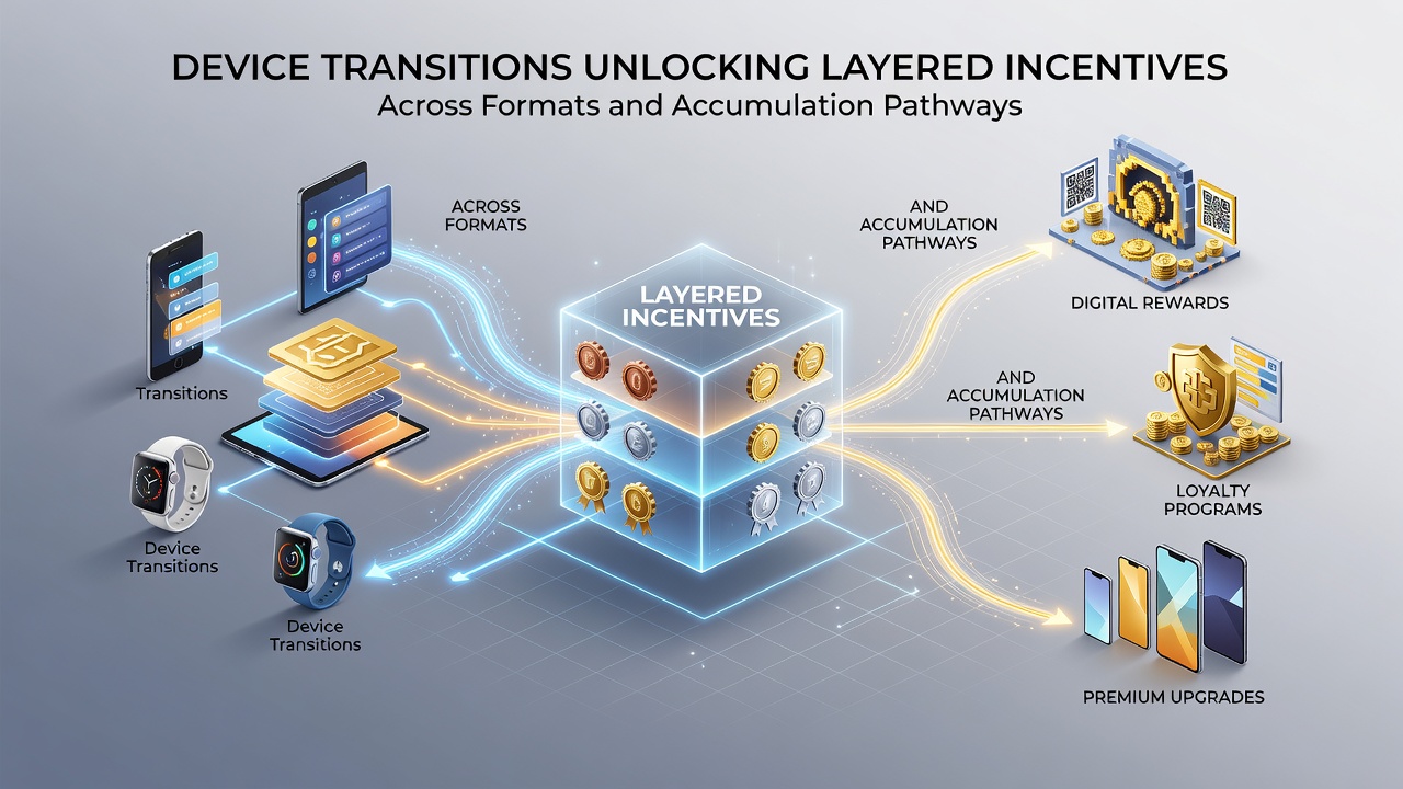 Diagram showing layered incentives unlocking during mobile to desktop transitions with accumulation pathway indicators