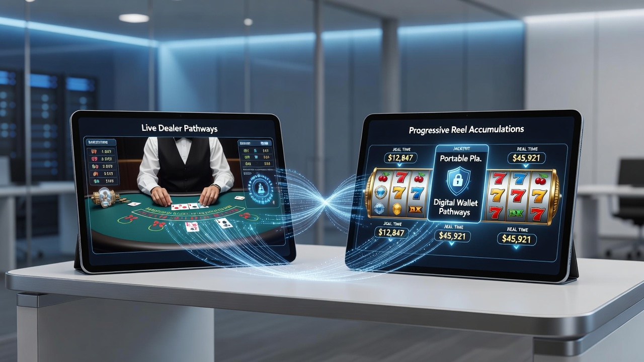 Illustration of wallet pathways connecting live dealer sessions to mobile progressive reel meters