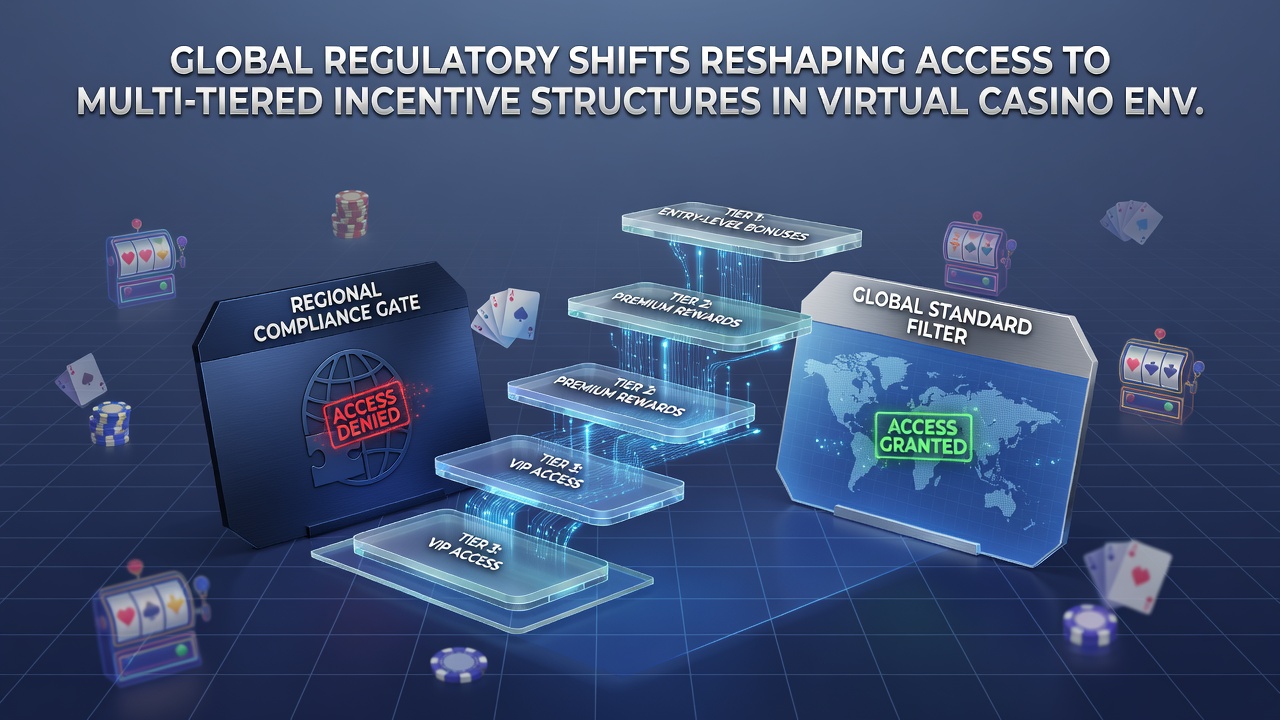 Digital dashboard showing tiered incentive structures with regulatory compliance markers overlaid on casino platform analytics