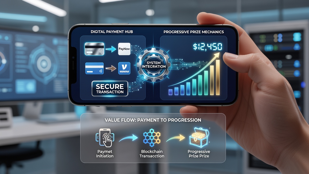 Diagram showing data flow between e-wallet systems, mobile apps, and centralized progressive jackpot servers