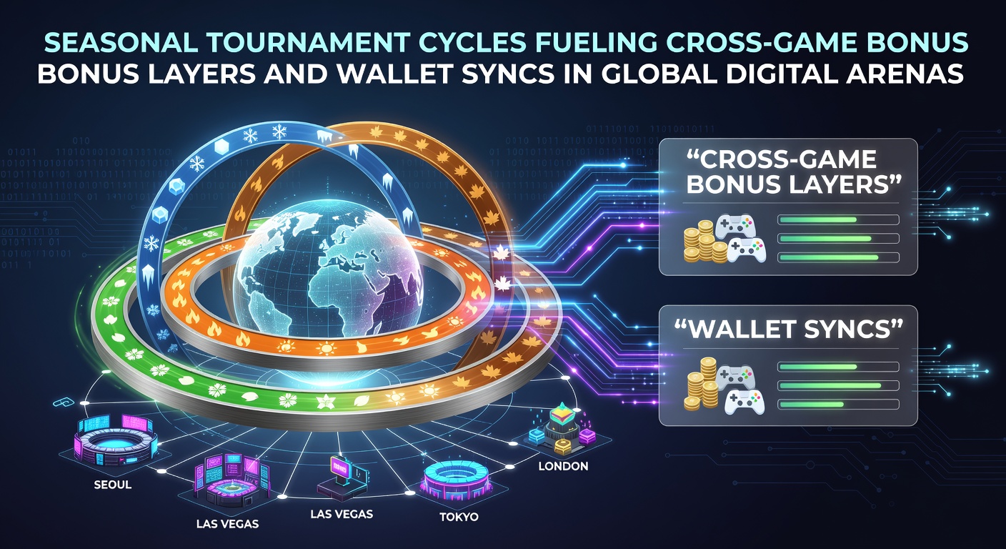 Global digital gaming arenas showing seasonal tournament interfaces with interconnected bonus layers across multiple game types