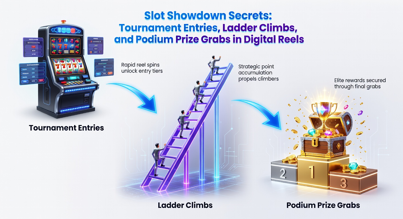 Close-up of podium prizes being awarded to top ladder climbers in a heated digital slot tournament finale
