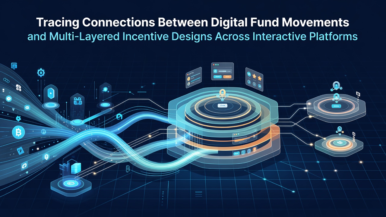 Digital fund flows connecting across interactive platform interfaces with layered reward indicators