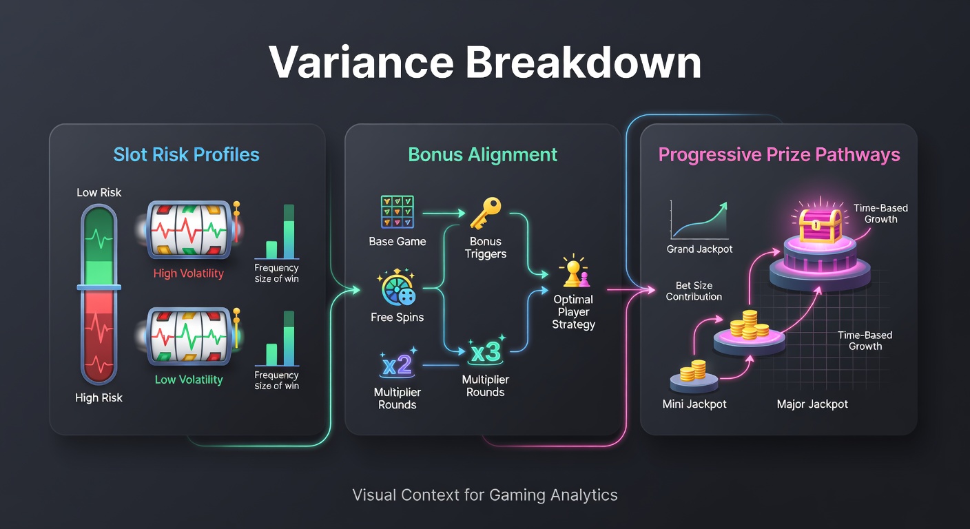 Dynamic infographic showing bonus alignment across low, medium, and high variance slots with progressive jackpot pathways branching out
