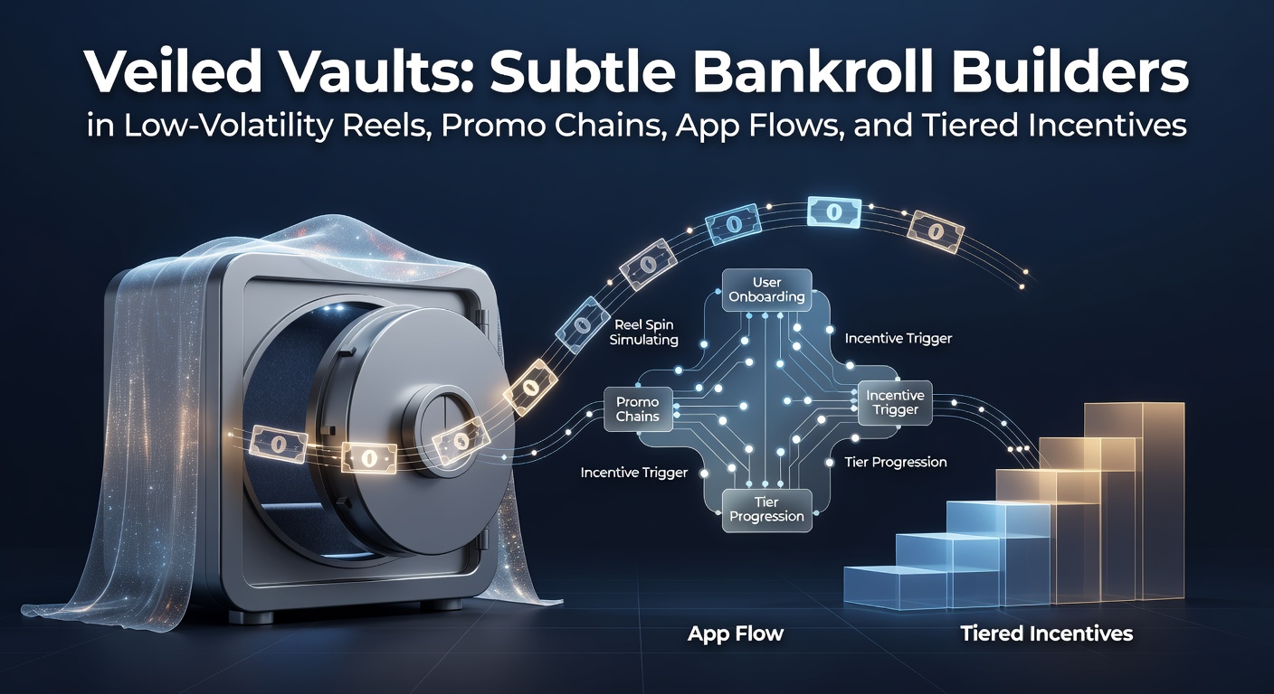 Illustration of a shadowy vault door cracked open, revealing stacks of golden coins spilling from low-volatility slot reels intertwined with promo chains and tiered reward ladders